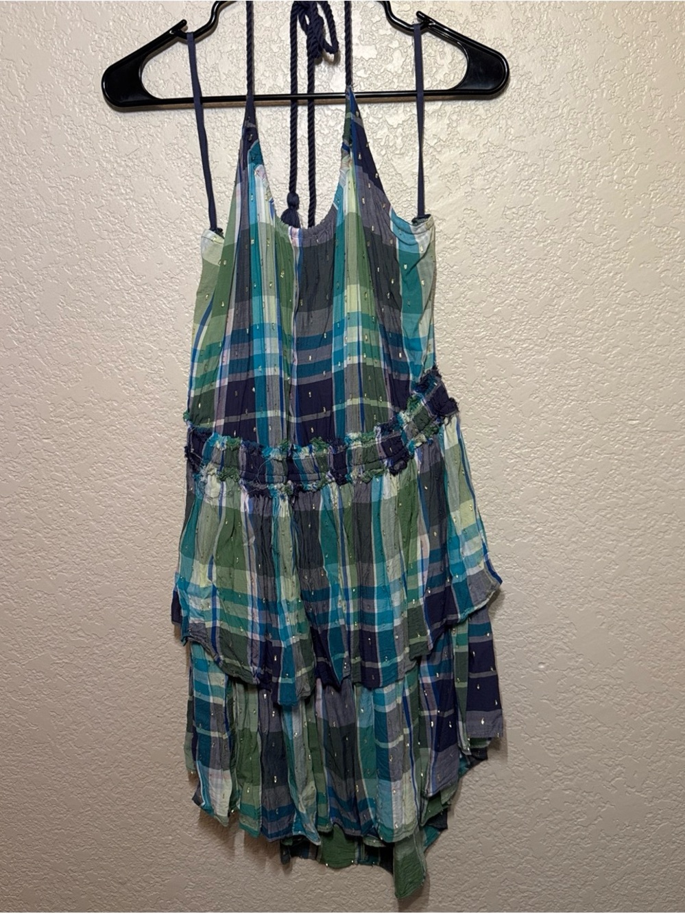 aerie Green & Blue Plaid Smocked Sundress with Gold Accents